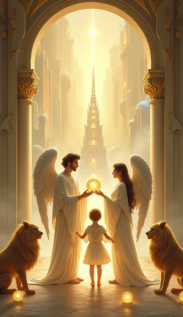 Create a majestic and spiritually resonant image for the 'Ten of Spheres' card in the 'Lumen Angelis' tarot deck, inspired by the 'Ten of Pentacles' from the Rider-Waite tarot.
In the foreground, depict a grand celestial archway made of golden light, symbolizing the gateway to divine legacy and spiritual fulfillment. Beneath this archway stands an angelic family, composed of three figures—two adult angels and a child—each radiating divine light. The adult angels, one male and one female, are robed in flowing, intricate garments of white and gold, symbolizing spiritual wisdom, unity, and prosperity. They stand close together, holding hands, representing the strong foundation of spiritual legacy and harmonious partnership.
The child angel, full of light and innocence, stands before them, holding a glowing sphere in their small hands, representing the inheritance of divine knowledge and the continuation of spiritual blessings. Surrounding the family are nine additional spheres, arranged symmetrically within the archway, each sphere glowing with different hues of gold, white, and silver, signifying the completion of a cycle and the achievement of divine harmony.
In the background, a sprawling celestial city can be seen, made of crystalline structures and bathed in soft, golden light. The city symbolizes a divine kingdom, representing the legacy and abundance that the family has cultivated over lifetimes. The ethereal cityscape is filled with towers, bridges, and gardens, all shimmering with otherworldly beauty, conveying the idea of eternal spiritual prosperity.
Two mystical creatures, resembling ethereal, lion-like beings with soft, radiant fur, stand guard on either side of the archway. Their presence adds an aura of protection and strength to the scene, ensuring the safety and continuity of the divine legacy.
The overall color palette should be rich in golds, whites, and soft pastels, creating an image of divine completion, legacy, and spiritual abundance.
