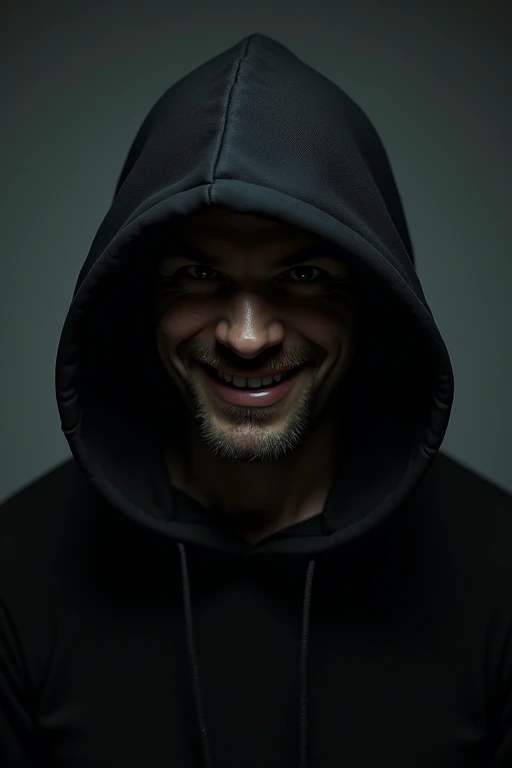 Smiling man hiding his face in a black hoodie