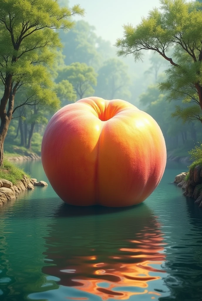 (best quality, masterpiece, ultra detailed, ultra high res, photorealistic, raw photo, absurdres, absolutely resolution), A big peach floats down from the upper reaches of the river.