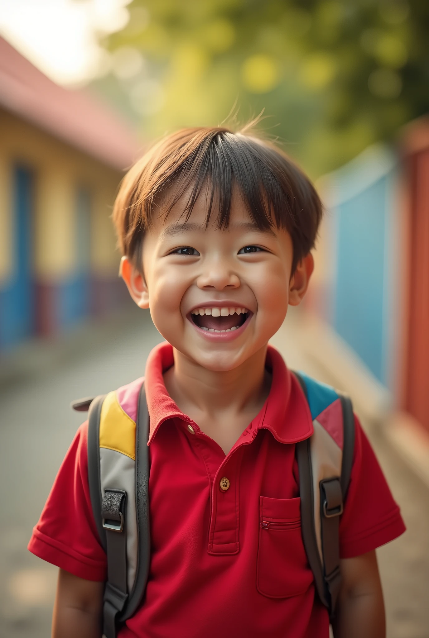 A high-quality, photorealistic image of a joyful young child with a bright, happy face, wearing a backpack and ready to go to school. The child has a big smile, with perfect, detailed facial features and a lively, cheerful expression. The child is wearing a red polo shirt, with neat, colorful clothing, fully capturing the excitement and anticipation of a new school day. The scene is set at the entrance of a school, with natural sunlight creating a warm, inviting atmosphere. The image should be of the best quality, with a high level of detail, and in a 900x900 pixel resolution, making it a true masterpiece.