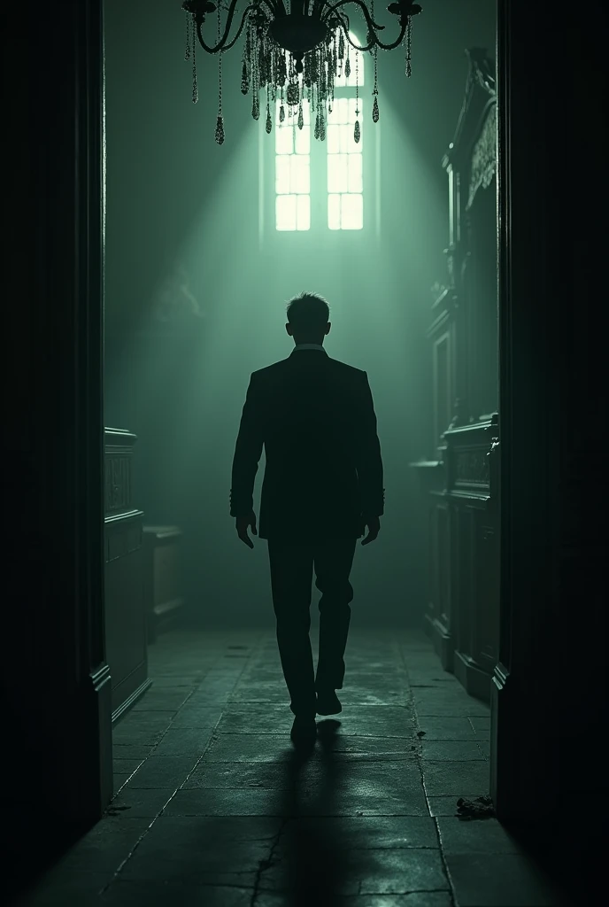 Prompt: Mr. Roy moving through the mansion, reacting to various sounds—footsteps echoing behind him, a gentle knock on a window, all contributing to an increasing sense of suspense.
