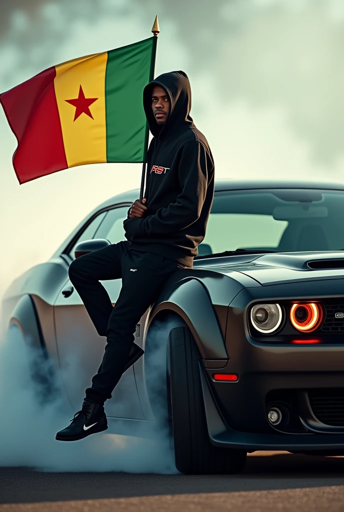 Je veux créer l'image d'un gars qui est assis le rebord gauche arrière de la portière d'une Dodge charger srt qui est entrain de faire un drift. Le gars en question tient le drapeau du Sénégal et porte un pull à capuche noir. Il porte le capuchon du pull,son visage n'est pas bien visible et derrière son pull est inscrit le logo SRT. 