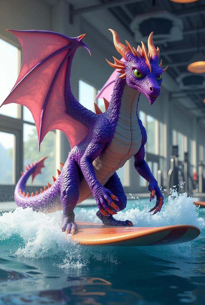 Dragon violet qui fait du surf dans une salle de musculation