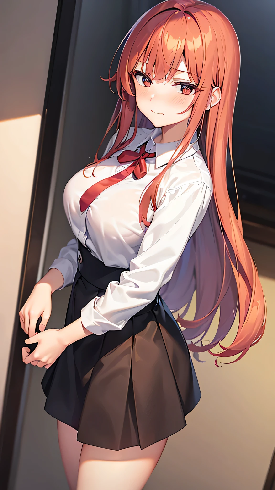Redhead, working uniform, office background, anime background, extremely detailed hands, light brown eyes, slim, good attributes, long hair, heart ribbon on head, black skirt, ((white shirt)), faint blush, holding folders, exposed thighs, (((faint smile))), hands behind back, (((wmvarrased))), looking down