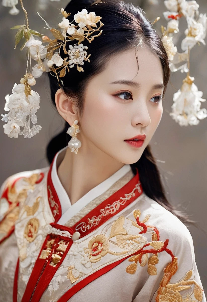 Chinese girl image，This image emphasizes the gender beauty and national characteristics of Chinese girls，Her attire and accessories reflect the artistic details of traditional Chinese clothing，Like a gorgeous garment with exquisite embroidery，Transparent ribbons and ribbons on armbands, etc.。