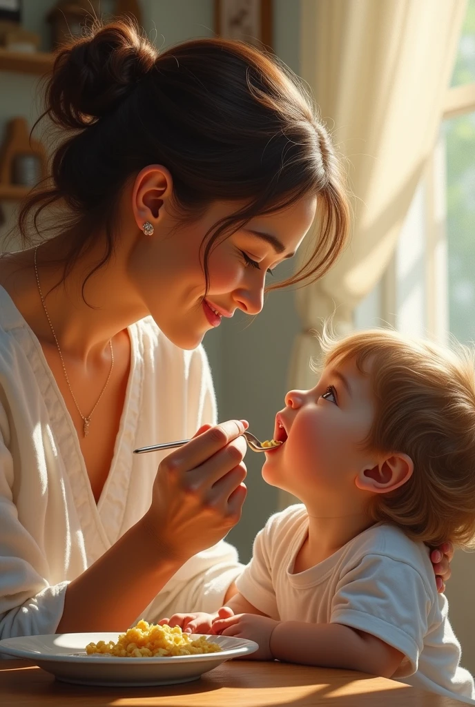 mother feeding her son with a spoon.