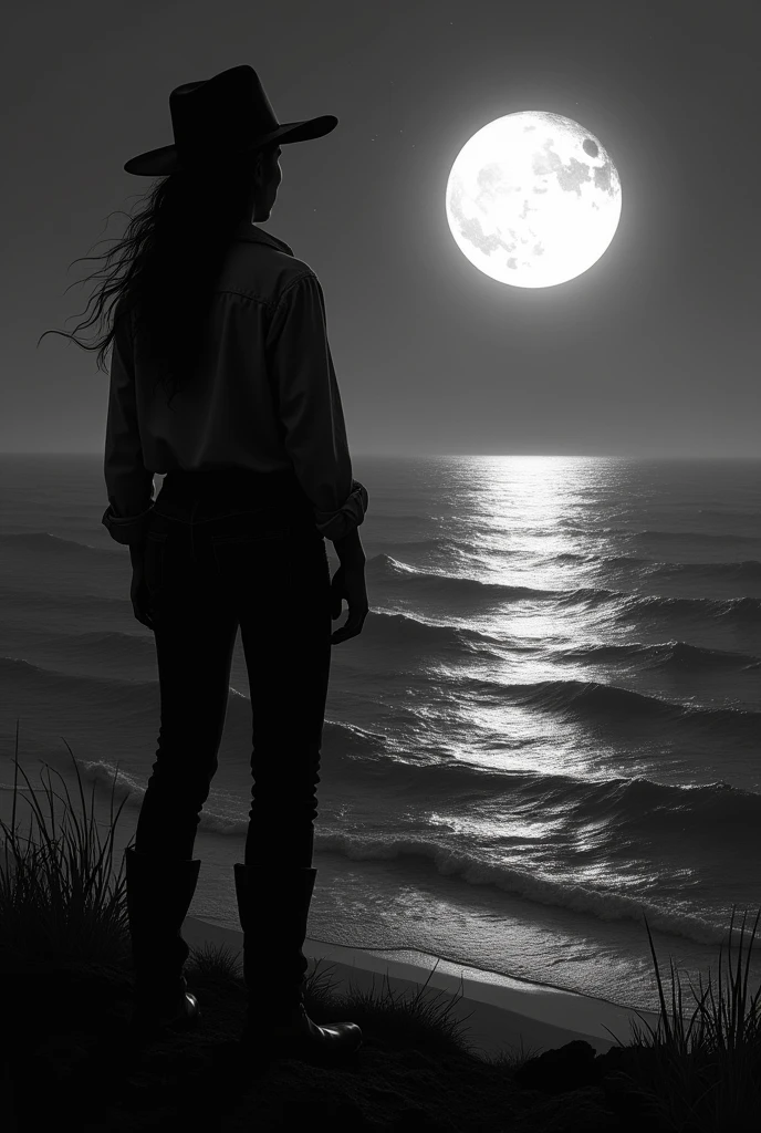 Silhouette of a rancher woman looking at the sea and the moon is reflected on it, black and white must be formed.like Nicole Simone