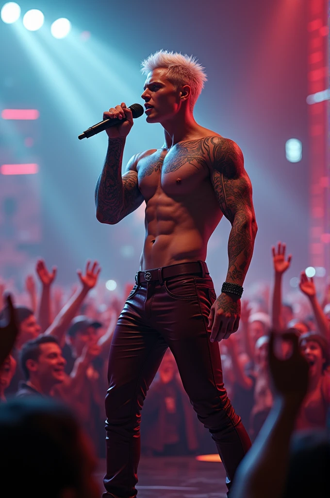 Cyberpunk style male rock singer, comely. Com pele caucasiana , light eyes stylish platinum hair, full of tattoos on the arm. Wearing wine-colored leather pants and no shirt with tattoos showing. With a microphone in hand singing at a show full of fans