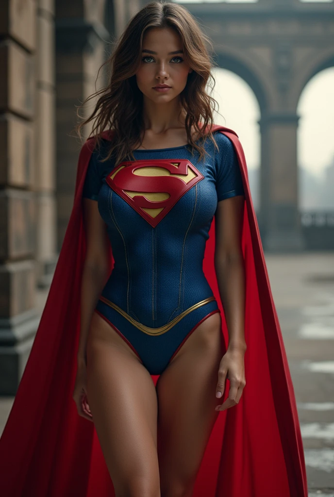 full view of A SEXY TEENAGE FEMALE WITH GREY EYES AND LONG MESSY HAIR WEARING A CLASSIC BLUE SUPERMAN BODYSUITE AND RED SUPERMAN CAPE. large breasts, incredibly detailed skin and eyes, seductive poses, 8K resolution, masterpiece, ultra-detailed, realistic, photo-realistic, vivid colors, dramatic lighting, cinematic composition
