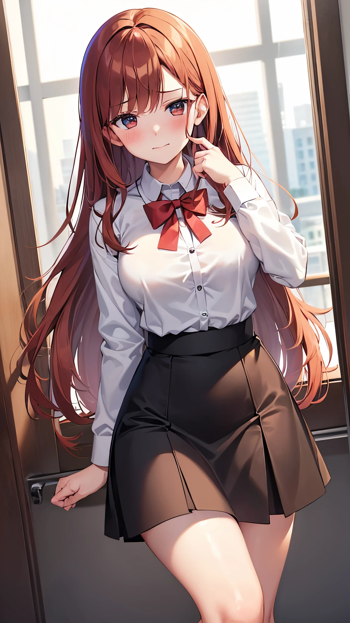 Redhead, working uniform, office background, anime background, extremely detailed hands, light brown eyes, slim, good attributes, long hair, heart ribbon on head, black skirt, ((white shirt)), faint blush, holding folders, exposed thighs, (((faint smile))), hands behind back, (((wmvarrased))), looking down