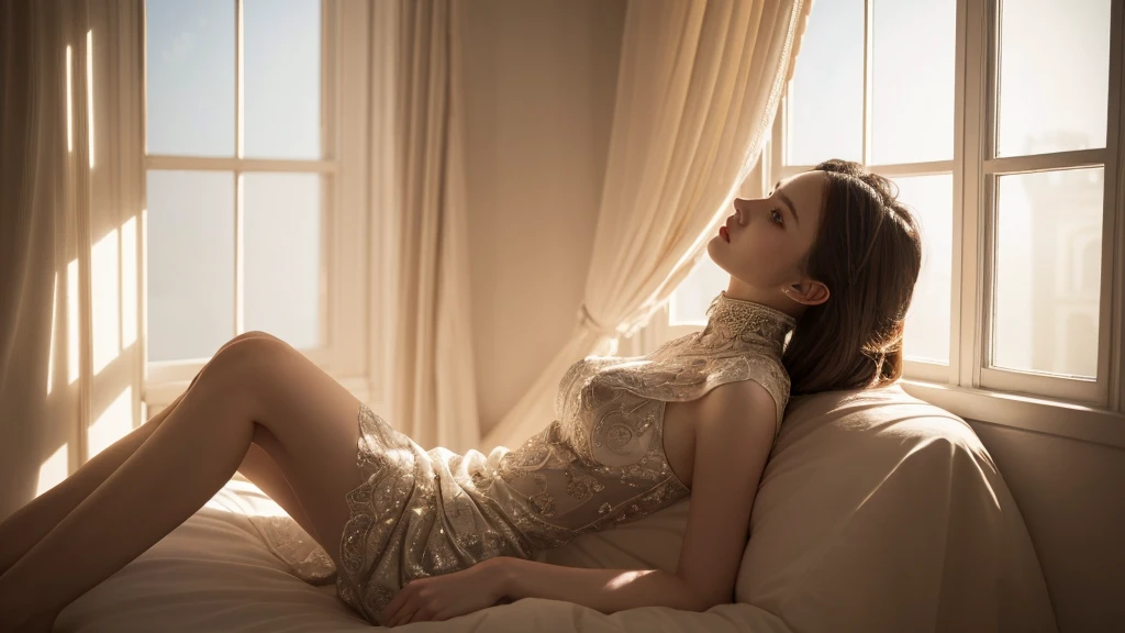 (best quality, 4k, ultra-detailed, realistic, photorealistic:1.37), (cinematic lighting, dramatic lighting:1.2),a mature woman in a high-neck dress, a beautiful detailed female face,striking eyes,detailed facial features, Graceful and graceful,Single full-body photo,Legs smooth porcelain white,window at night,Right-lying,portrait, oil painting, dramatic lighting, cinematic, moody colors, chiaroscuro, ethereal, elegant, intricate details, masterpiece