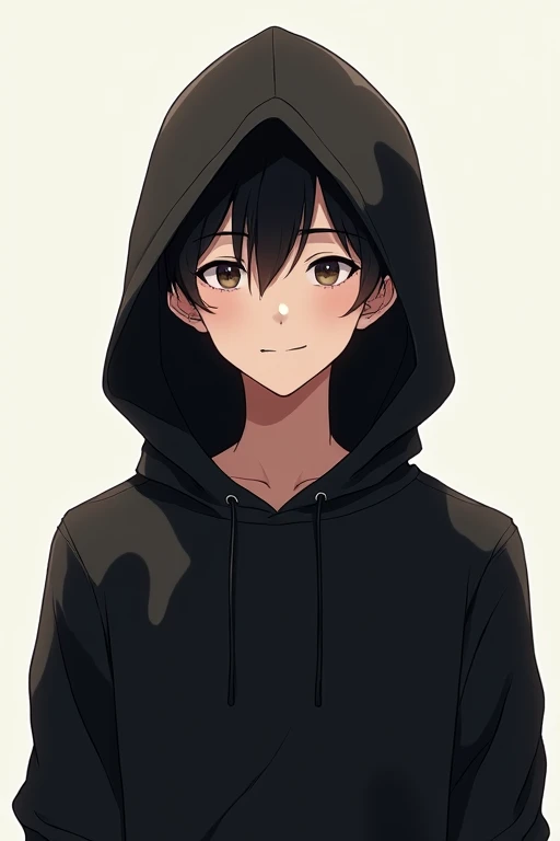 Smiling man hiding his face in a black hoodie anime