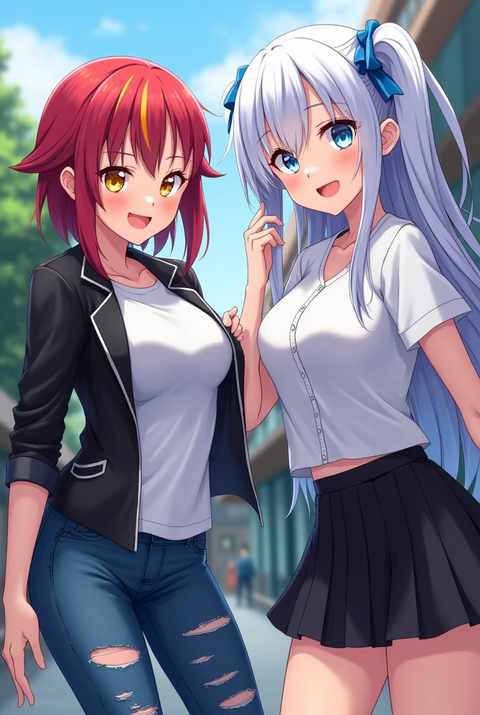 2 girls, busty, school yard, BREAK (masterpiece:1.2), best quality, high resolution, unity 8k wallpaper, (illustration:0.8), (beautiful detailed eyes:1.0), extremely detailed face, perfect lighting, extremely detailed CG, (perfect hands, perfect anatomy), (1 girl, busty, with short red hair and yellow streaks, yellow eyes, black leather jacket, white t-shirt, torn jeans, mischievous smile), (1 girl, busty, with long white hair with blue streaks, light blue eyes, white blouse, black pleated skirt, cold face), hot anime style