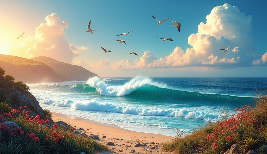 Nature view scene of a beautiful ocean withe big waves, flying birds in the sky, fluffy clouds, orange sky, wild plants, wild flowers, colorful, oil painting, cinematic, wallart, 8k wallpaper
