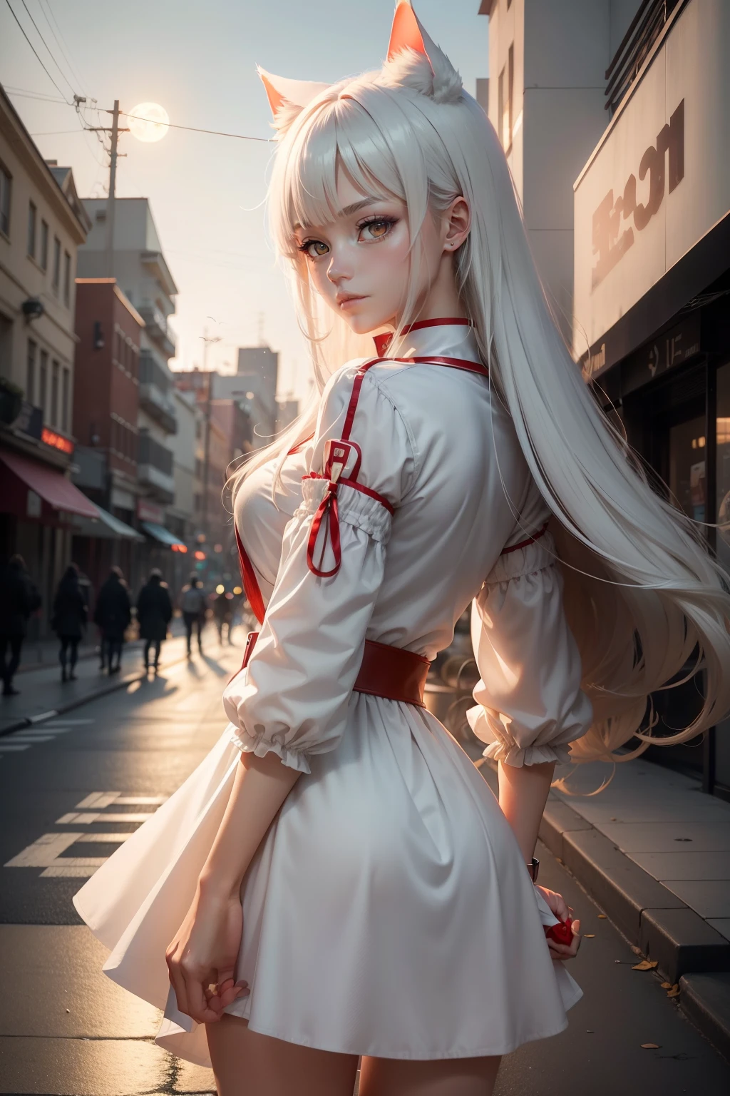 Text for Creating an Image of a Female Character:Create a highly detailed digital artwork featuring an anime-inspired female character with the following characteristics:Appearance:The character should have short, white, slightly messy hair, with cat ears matching the hair color.Her eyes should be large and expressive, with a red color similar to the eyes of the anime character Ai Hoshino.The character should have a youthful and beautiful face with soft, feminine features.Clothing:She is wearing a long white dress with wide sleeves and a wide red belt wrapped around her waist.Accessories:The character wears a wide, red leather collar around her neck, with silver studs, adding a subtle edgy look.A long white cat tail extends from behind her, adding to her cat-like appearance.Pose and Expression:The girl is standing and partially turning her body towards the camera, making her face visible from a side angle.She is looking directly at the viewer with a mysterious and slightly seductive smile.Her posture should convey confidence with a touch of flirtation.Background:The girl appears to be standing on a street in an urban city at night, with the lights of buildings and traffic signals illuminated in the background.Lighting:The lighting should be soft, highlighting the character's features, with a gentle glow around the moon in the background to enhance the night setting.