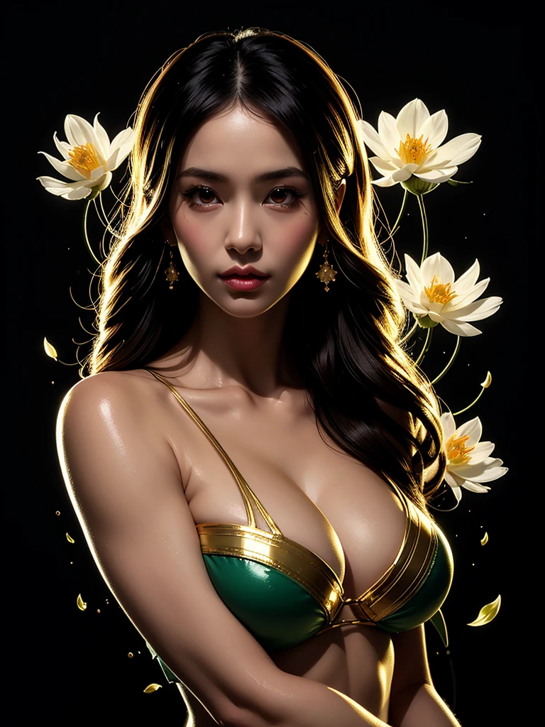 Chiaroscuro technique for elegant sensual illustrations , Retro and nostalgia ,silky flowers around the body, Matte painting, by Hannah Dyer, author:Hironaka Harumi, 極其Soft色彩, Energetic, Soft, Very detailed, Digital artwork, High contrast, Dramatic, refined, tone, golden ratio