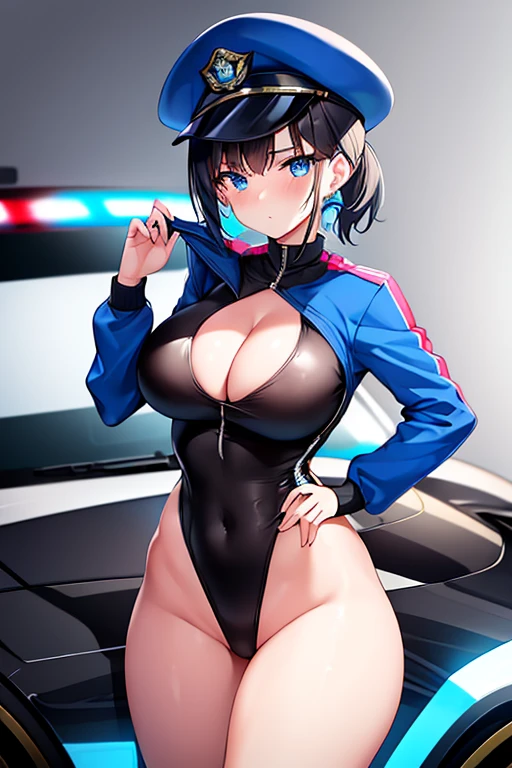 1girl, black hair, short hair, ponytail, long ponytail, blue eyes, large breasts, thick thighs, toned, hourglass figure, serious, blue jacket, one-piece swimsuit, competition swimsuit, white one-piece swimsuit, police hat, police, neon, neon trim, futuristic, science-fiction, machinery, tech, car, race queen, sports car, police car, cleavage cutout,