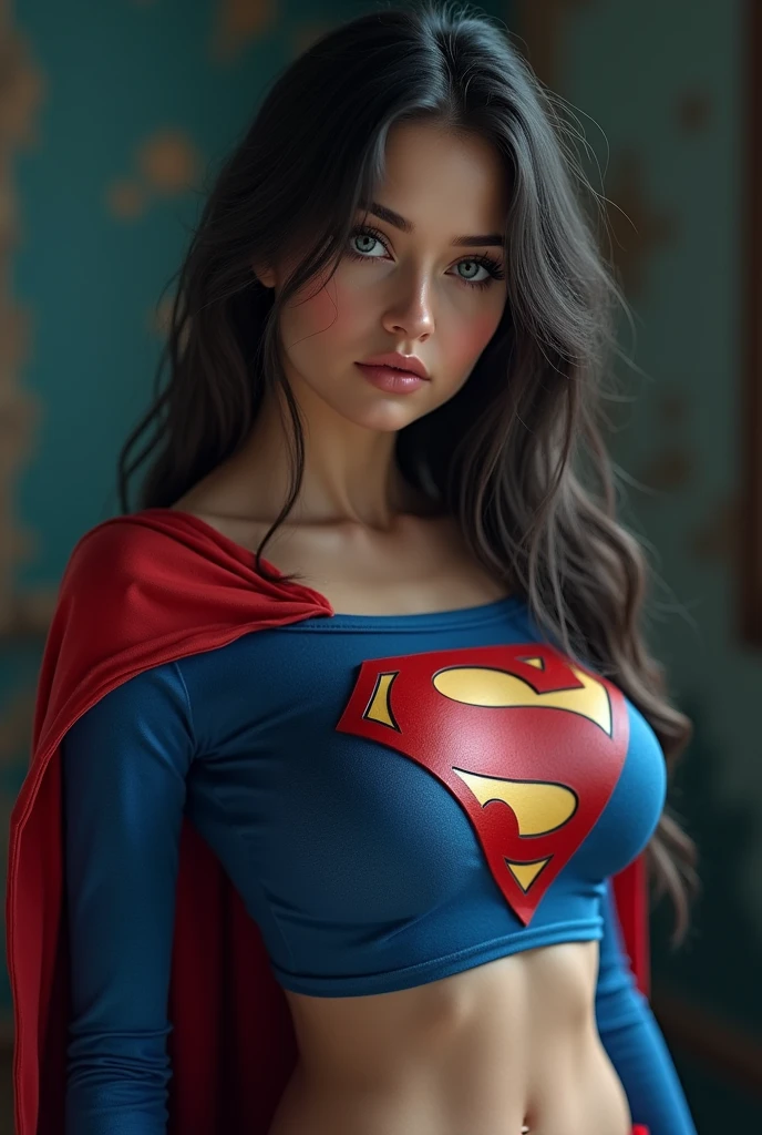 full view of A SEXY TEENAGE FEMALE WITH GREY EYES AND LONG MESSY HAIR WEARING A CLASSIC BLUE SUPERMAN BODYSUIT AND RED SUPERMAN CAPE. large breasts, incredibly detailed skin and eyes, seductive poses, 8K resolution, masterpiece, ultra-detailed, realistic, photo-realistic, vivid colors, dramatic lighting, cinematic composition