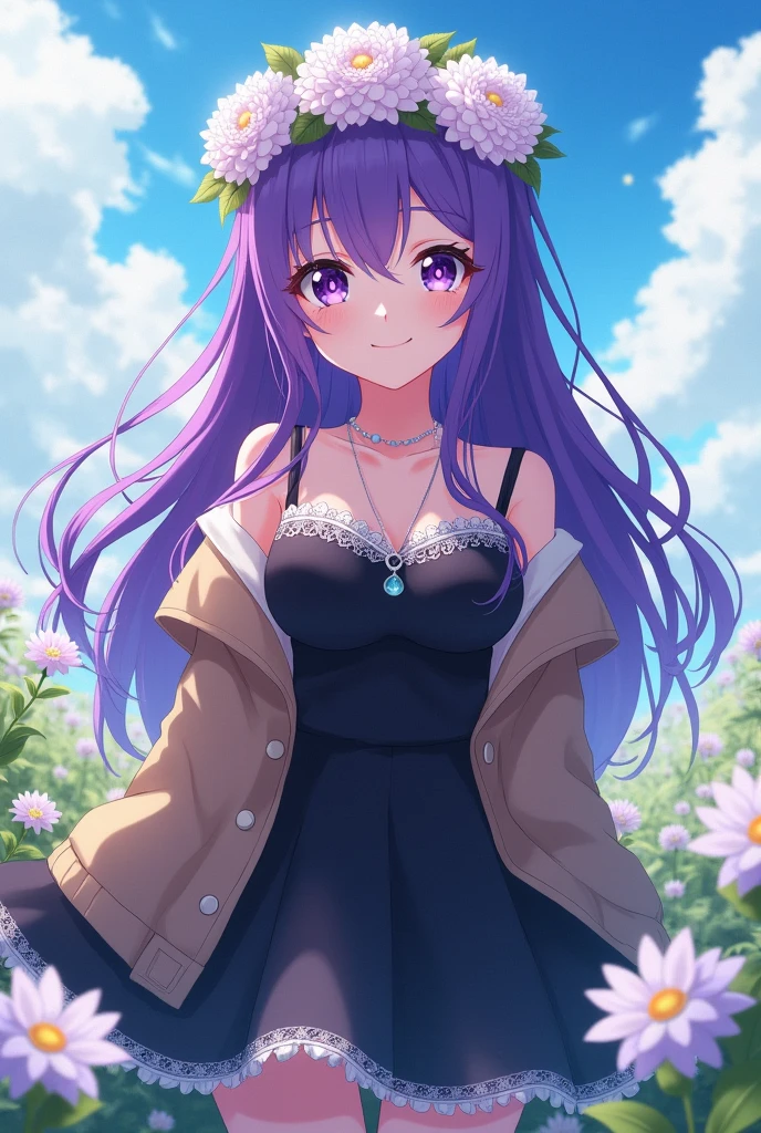 A 17 year old girl with long purple hair,  A crown of flowers, dark purple slanted eyes, black dress with white details and fluffy with a light brown jacket that reaches the waist, smiling in a field of white flowers, tokyo revenger anime style