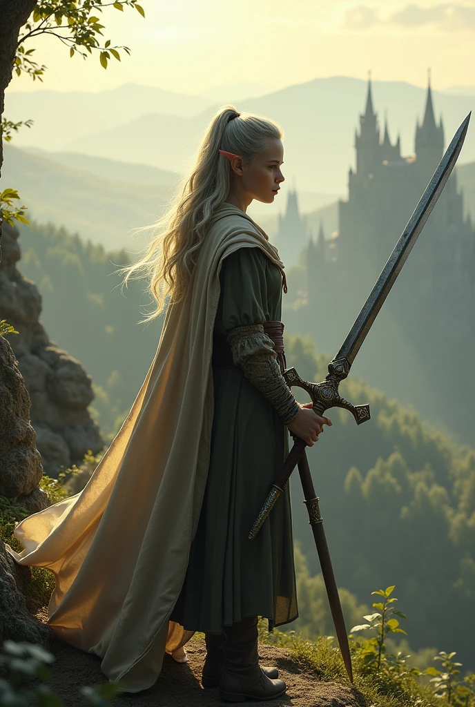 in a medieval world.
A young elf of  ,with gray skin , with a sword 