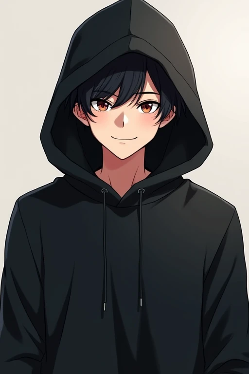 Smiling man hiding his face in a black hoodie anime