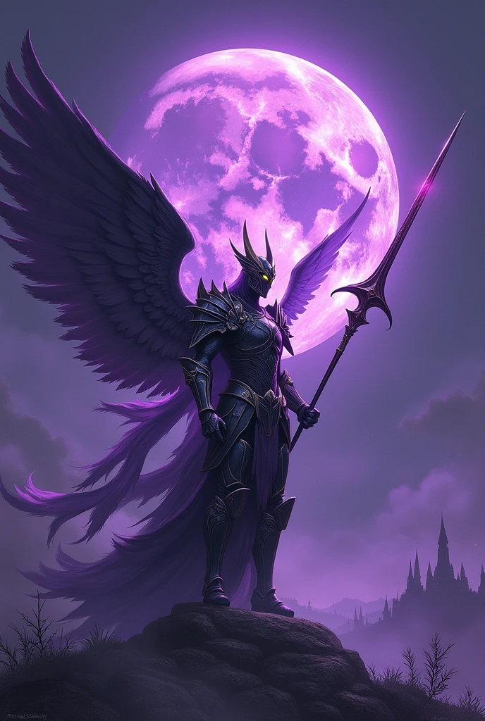 A warrior angel with a spear of darkness with the moon in the background in purple colors in the style of solo leveling arise with the word lunaria behind it