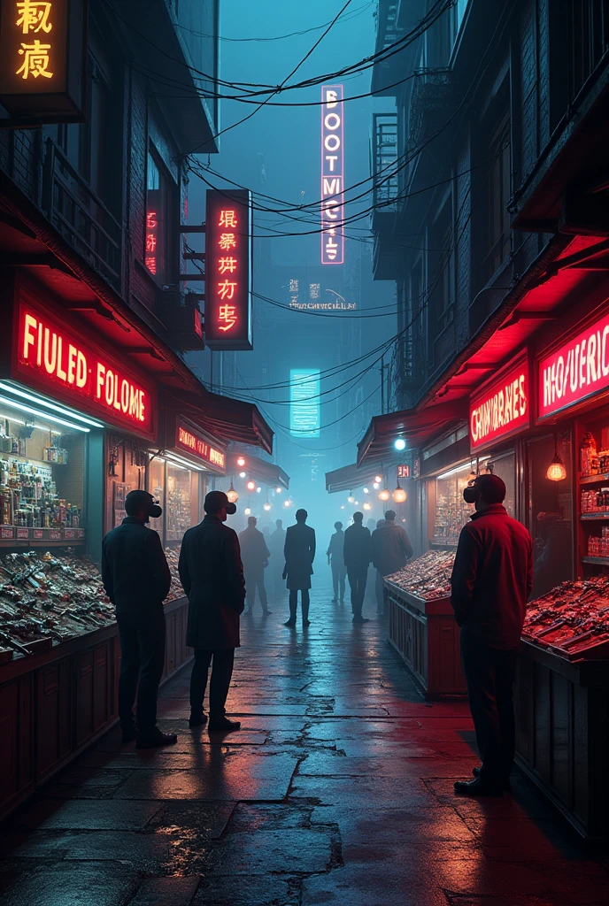 A dark street that tapers towards the back and darkly opens out to a black market. on the right side there is a door that leads to a club and on the left side there are stands where you can buy weapons. Sci Fiction, nsfw, virtual reality signs, people standing looking at the windows.