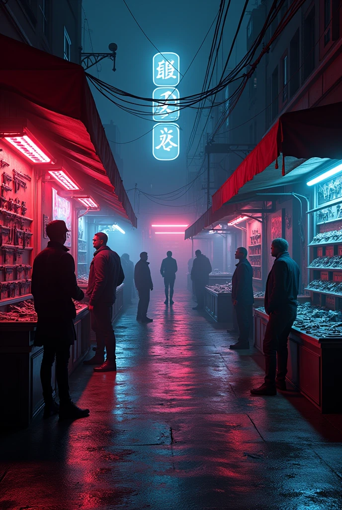 A dark street that tapers towards the back and darkly opens out to a black market. on the right side there is a door that leads to a club and on the left side there are stands where you can buy weapons. Sci Fiction, nsfw, virtual reality signs, people standing looking at the windows.