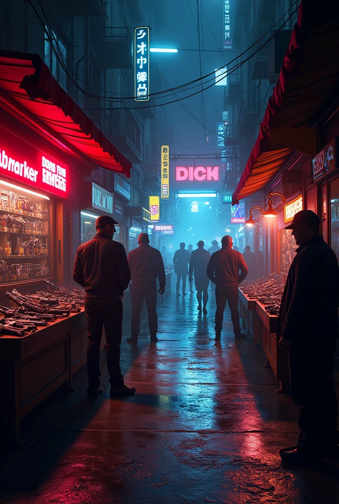 A dark street that tapers towards the back and darkly opens out to a black market. on the right side there is a door that leads to a club and on the left side there are stands where you can buy weapons. Sci Fiction, nsfw, virtual reality signs, people standing looking at the windows.