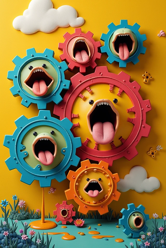 generates an image of a COLLAGE STYLE gear system on a CHEERFUL background being oiled on THE SIDES, The gears have HUMAN mouths in the middle and they open as the oil goes down the same gears.. IT IS A CORPORATE IMAGE