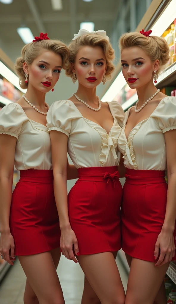 nsfw, photorealistic, beautiful face, (masterpiece:1.4), (best quality:1.4), extremely detailed, hyper-detailed, soft lighting, 3 beautiful blonde 1950's pinup woman in her late thirties standing in a grocery store, dressed in a unbuttened white blouse and a red skirt, white pearl necklace and white pearl earrings, lace stockings, perfect body, busty, perfect legs, intricate details, masterpiece, bestquality, uhd, 8k, ((plain backgound:1.3)), shaved pubic area, big breasts, hanging breasts, heavily sagging breasts, brown big erected hard nipples, short blonde hairbun with a bow in hair, shaved pubic area, (perfect_face), intricate, 4k, detailed_background, full_body, realistic, 8k, sexy, very cheeky smile, very challenging facial expression,pinup512, style-empire