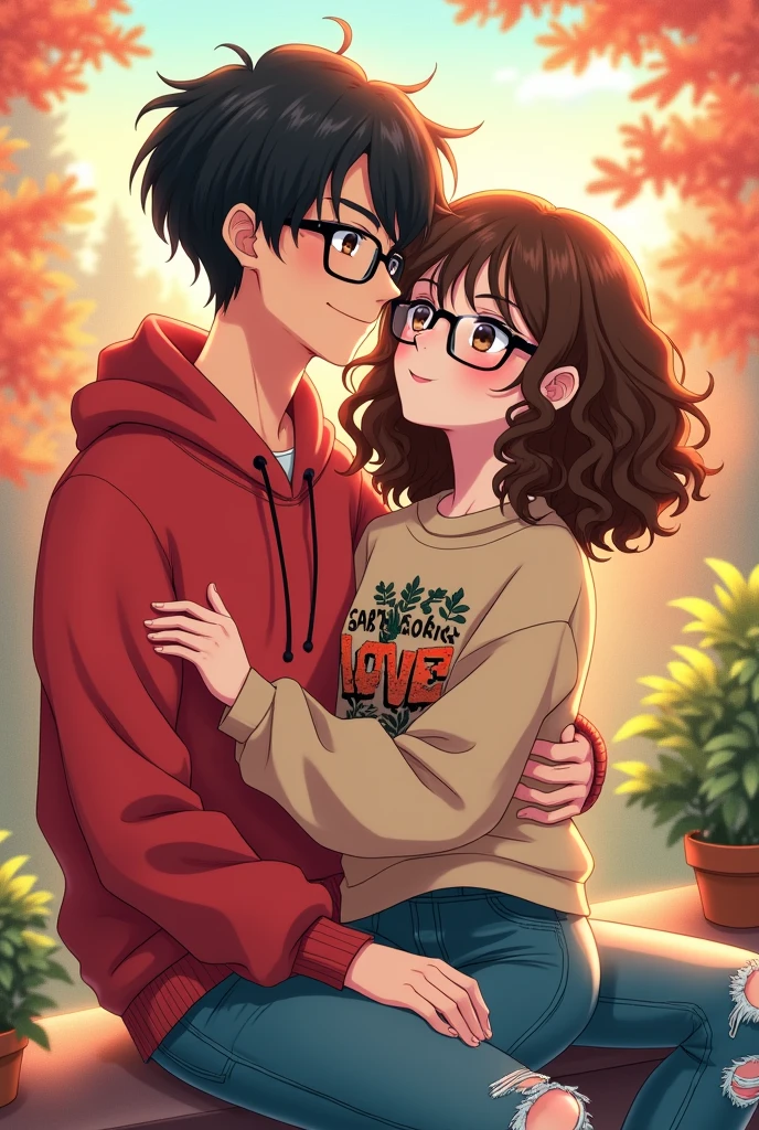 Cartoon couple anime style, white girl brown curly hair, He wears a red hoodie and ripped jeans, she's short, Her boyfriend is tall with cinnamon-colored straight black hair, wears a beige sweater with a street rap print, both buts who wear black glasses, love environment, full picture, colorful high quality