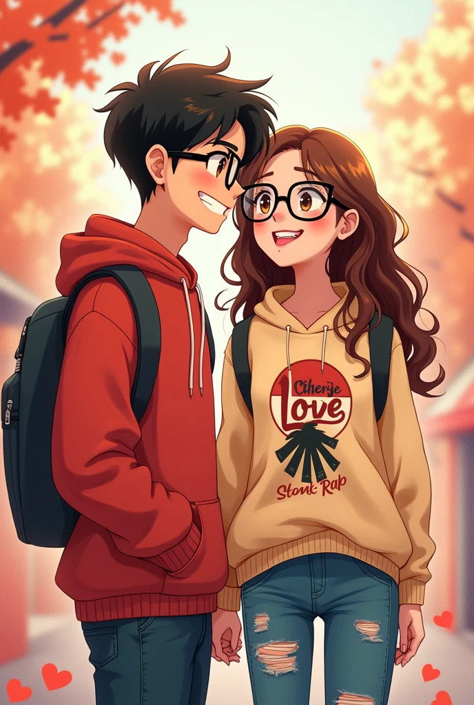 Cartoon couple anime style, white girl brown curly hair, He wears a red hoodie and ripped jeans, she's short, Her boyfriend is tall with cinnamon-colored straight black hair, wears a beige sweater with a street rap print, both buts who wear black glasses, love environment, full picture, colorful high quality