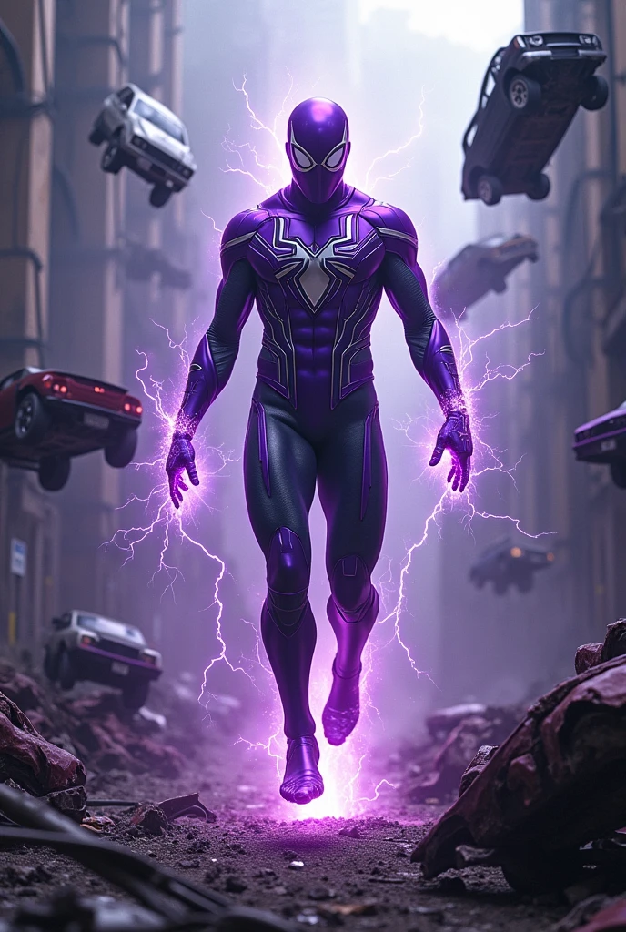 magneto merged with spiderman, dark purple suit, floating mid air, purple suit, in a scrapyard, bent cars floating around, blue purple lightenings, strong magnetic field,