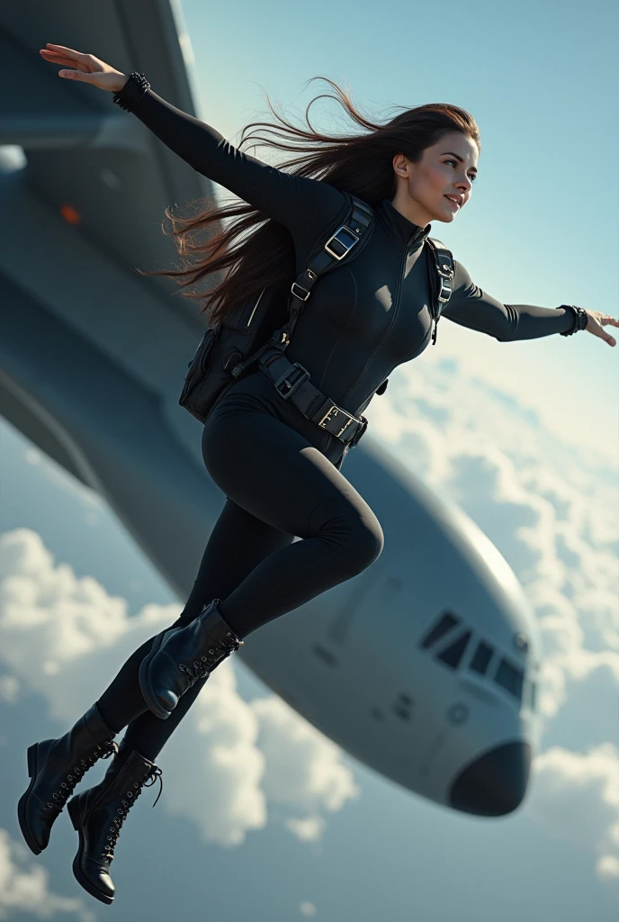 Very beautiful and attractive 38 year old female spy、She is now、They flew out of the large rear hatch of a large transport aircraft at altitude 3,10,000 meters of parachute diving,000 m Uphill.、Tight black skydiving suit and lace-up boots、It's like the movie Mission Impossible.(The female version of Tom Cruise.),Very large, Pendulum Chest、Perfect ratio of attractive mature women、Surrealistic Mature Body and Skin,Very huge sag ,Attractive sexy naked figure,Dark brunette One length Perfect straight Very long hair,A very tense and thrilling movie scene、Great angles and lighting from a professional photographer、Female spy falls from skydiving、Long hair blowing in the wind、Spread your arms and fly in the sky、Strong winds、