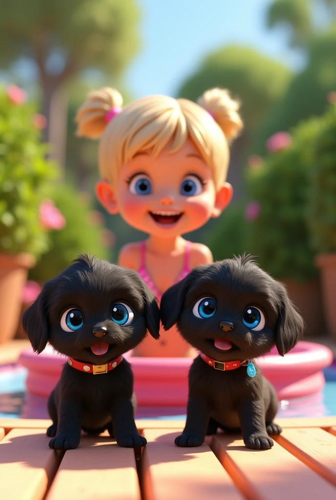 2 adorable black shih tzu puppies with bright blue eyes wearing a bandana, cute blonde girl with big blue eyes wearing a bikini, playing in a baby pool 3D Pixar style