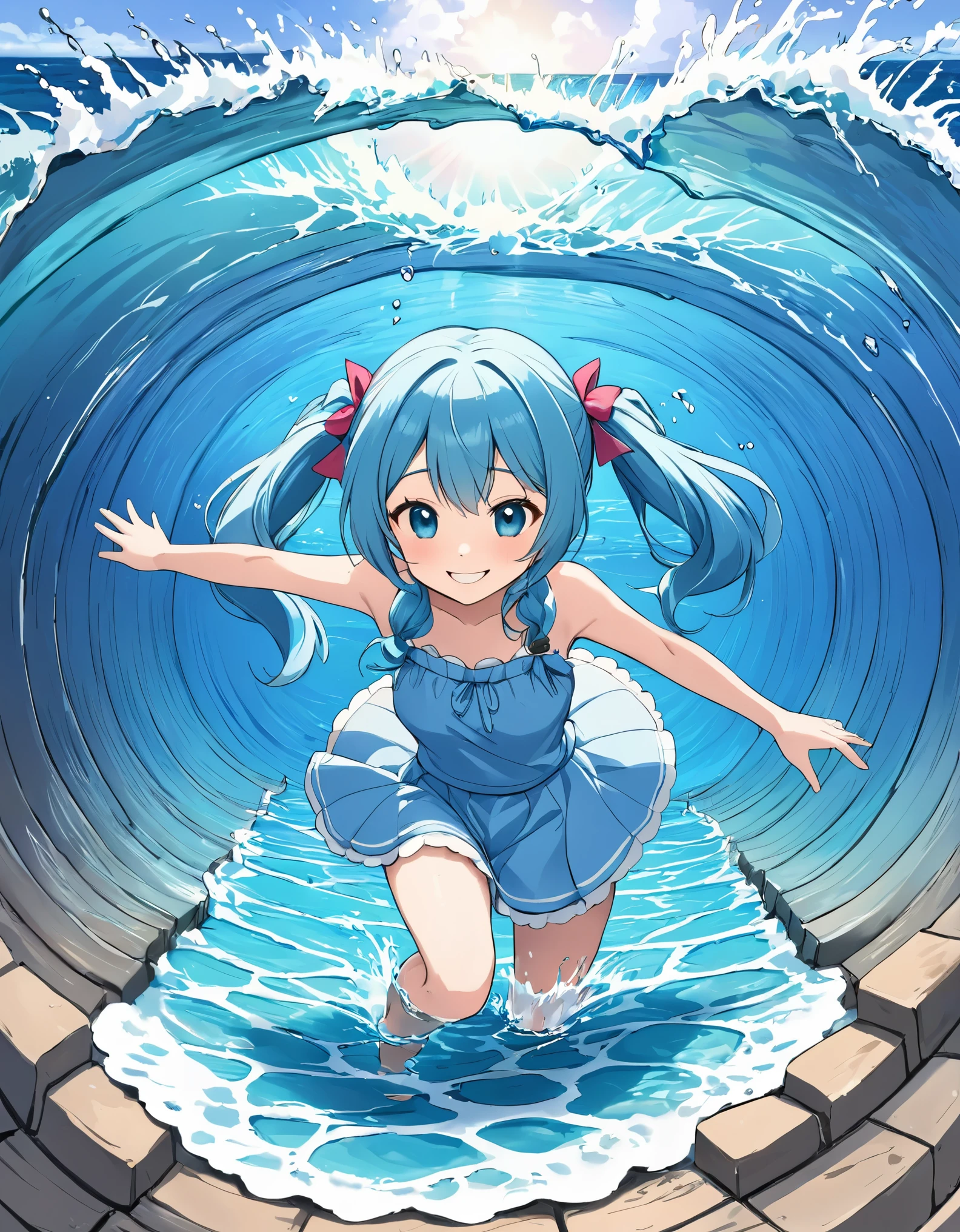 Light blue long hair、Beautiful girl with twin tails、The ocean water runs through a tunnel of seawater that has been stirred up.、smile、Splash Art