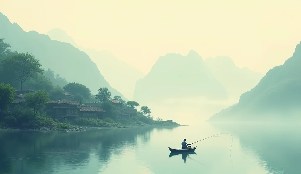 Beautiful distant mountains+Light boat+fisherman fishing+Close view of tree-tiled house、.Light coffee tone background.More dreamy and ethereal atmosphere.Cover the screen.More obvious gradation.Bokeh effect.The overall picture is minimalist but rich in layers,Elegance reveals a vague romantic charm。Meticulous photography techniques,Captures Zen and Serenity,Demonstrate high-quality visual experience。