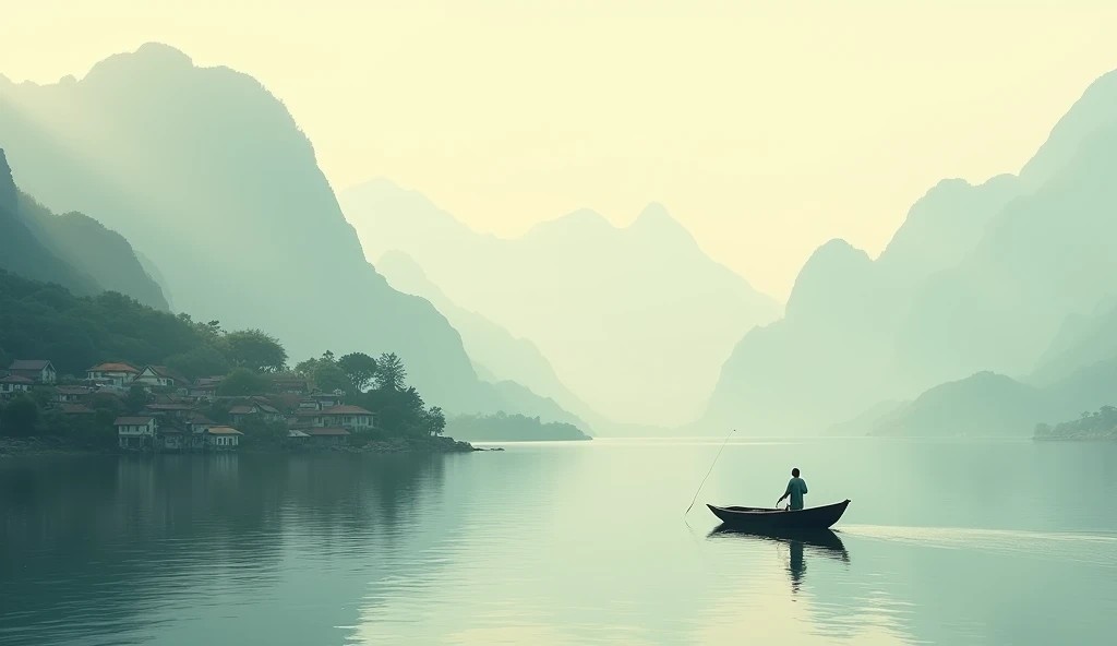 Beautiful distant mountains+Light boat+fisherman fishing+Close view of tree-tiled house、.Light coffee tone background.More dreamy and ethereal atmosphere.Cover the screen.More obvious gradation.Bokeh effect.The overall picture is minimalist but rich in layers,Elegance reveals a vague romantic charm。Meticulous photography techniques,Captures Zen and Serenity,Demonstrate high-quality visual experience。