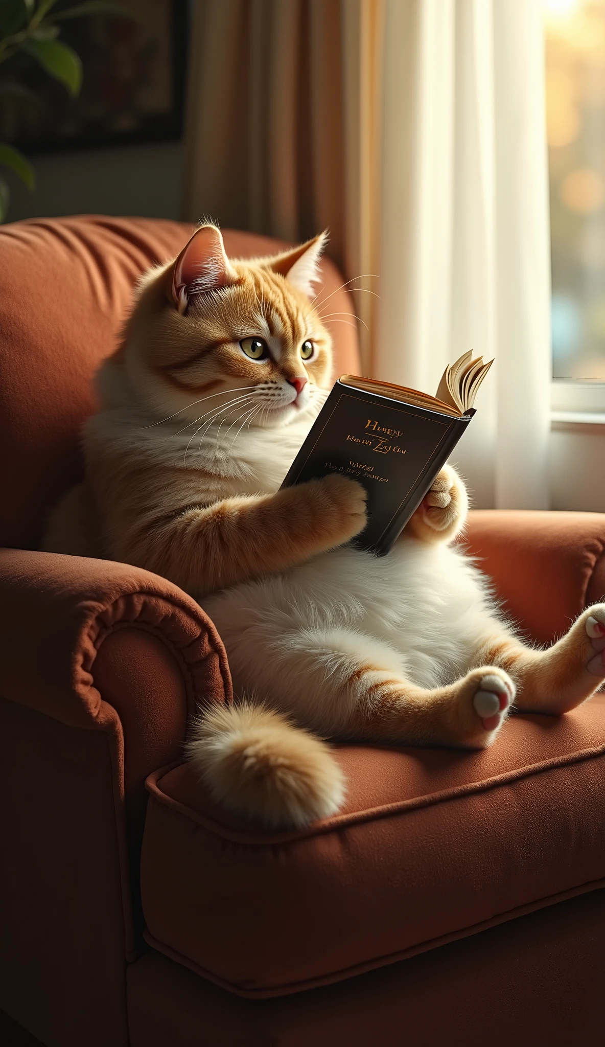 photorrealistic, 64k, cute fat [cat] reading a book sitting on the chair