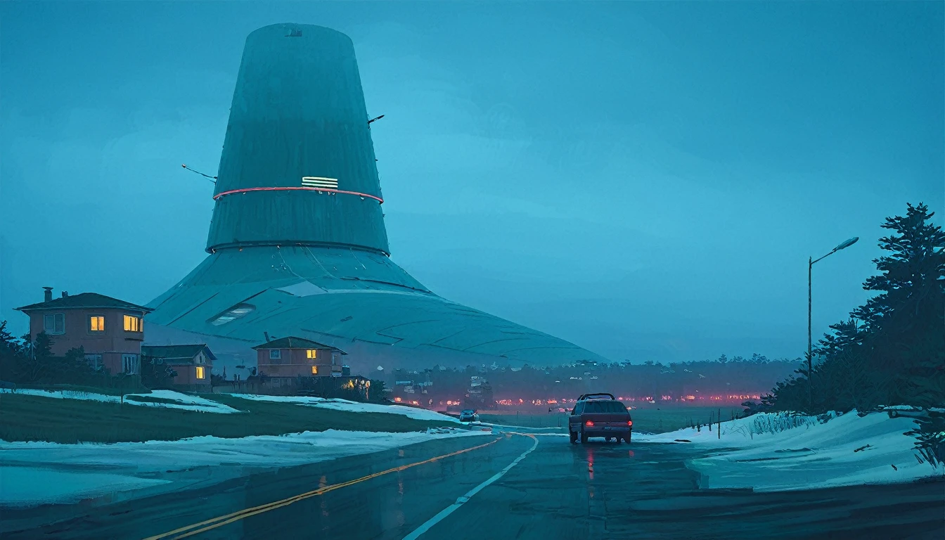 (lora:21Stalenhag:1),(masterpiece), (best quality), (ultra-detailed), (best illustration), (best shadow), (absurdres),((draw by Simon Stlenhag)), ((draw by Simon Stlenhag)), Simon Stlenhag style,SIMON STÅLENHAG, A rainy, dystopian cityscape viewed through a window with raindrops. In the distance, towering, futuristic advertising towers dominate the skyline, each covered in massive digital billboards displaying various logos, brands, and characters. The sky is a muted teal, casting a surreal atmosphere over the scene. The towers are interconnected by numerous thin cables, and below them, a sea of small suburban houses stretches out. The overall mood is one of futuristic, corporate domination over a residential area, A rainy evening scene on a highway, where cars drive toward a massive, futuristic tower in the distance. The view is through a windshield speckled with raindrops, creating a blurred, reflective effect. The tower is illuminated with red lights that glow ominously in the misty blue-green atmosphere. Thin cables extend from the tower into the foggy sky, adding to the sense of scale and mystery. The wet road reflects the tower's lights, emphasizing the moody and sligh A calm winter scene in a suburban neighborhood covered in snow. Above the houses, massive futuristic airships with glowing lights hover silently, casting a blue-green hue across the evening sky. A person dressed in warm clothing stands in the snow, holding packages, and gazing up at the airships in awe. The street is quiet, with footsteps visible in the snow leading to the houses, one of which has lights on, indicating warmth inside, A serene, dystopian landscape at dusk, featuring a vast, open field leading to a dark forest. In the background, towering, futuristic buildings with complex, stacked structures rise above the trees, glowing with blue and warm lights. A lone SUV drives on a narrow dirt road towards the forest, creating a sense of isolation. The sky is overcast with a cold, bluish hue