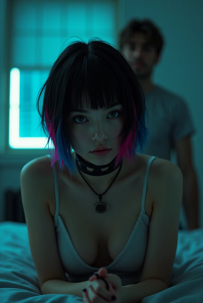 David fincher lighting style realistic, Thailand ladyboy penis cock dick, half asian, near future, black curly hair, short angled bob haircut, straight hair bangs,the hair has blue hair streaks and pink hair streaks, flat chested , black thigh high socks, background, city apartment, sexy, pretty skin, fully naked shemale, small tits, shes transsexual, sexy, ladyboy penis, cock, dick , she cock, sex pot, sissy, gay ladyboy penis, femboy body, penis, BDSM , porn, pornography, a big large man, is on top of her naked, the man is fat, naked, shady motel room , sex, sex slave, sex doll, a man just abused her, she's wearing a BDSM choker , full body
