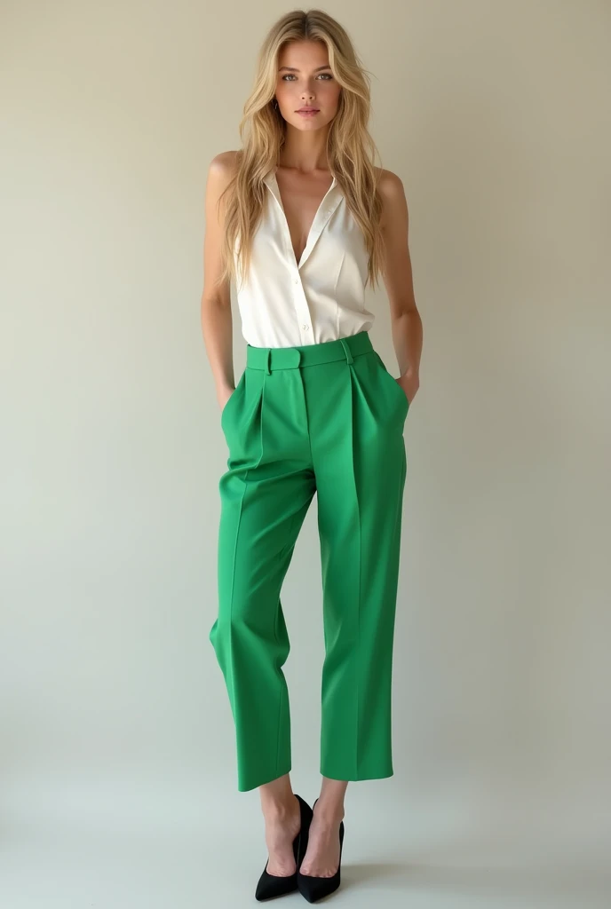 Realistic woman with long medium-blond brown hair wearing a white sleeveless blouse and bright green pants with black heels highlighting her white feet