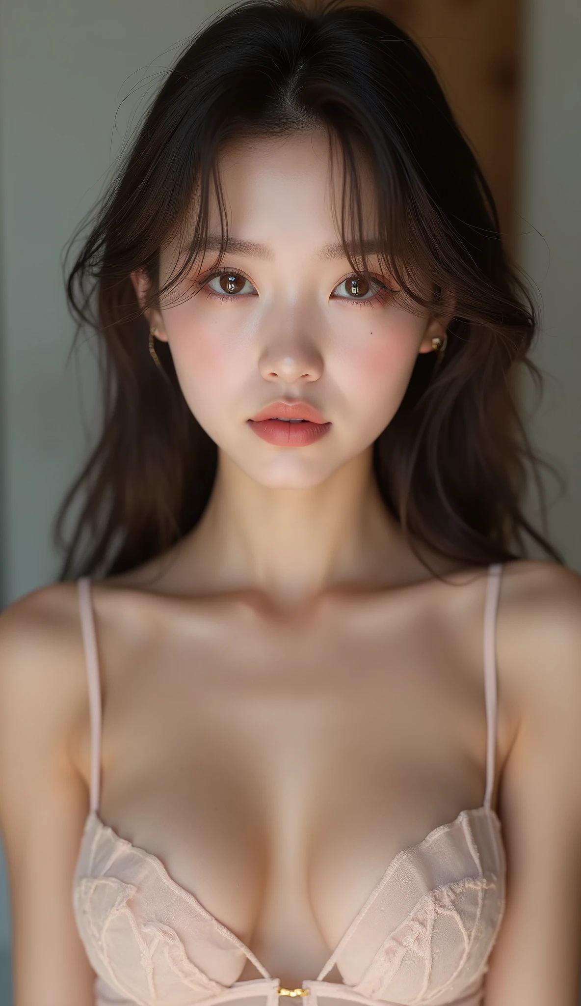 (ung girl:1.3), 18yo, brown eyes, fair skin, sweet girl, cute idol, beautiful girl with beautiful details, (shiny pink lips:1.3), extremely detailed eye and face, (sheer tube top with wide open breasts:1.3), Bare shoulders, (Bare chest, areola, nipples:1.4), (Best Quality:1.4), Super Detail, High quality, Realistic, extremely detailed CG unified 8k wallpaper, ighly detailed, High-definition raw color photos, professional photograpy, Realistic portrait, Cinematic Light, Beautiful detailed, (Realistic skin:1.2), Indoor, depth of fields, 