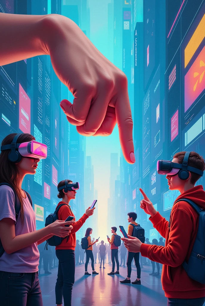 Create a mural painting showcasing the hand from above pointing downward to the young generation with the advanced technology and the evolution of technology.