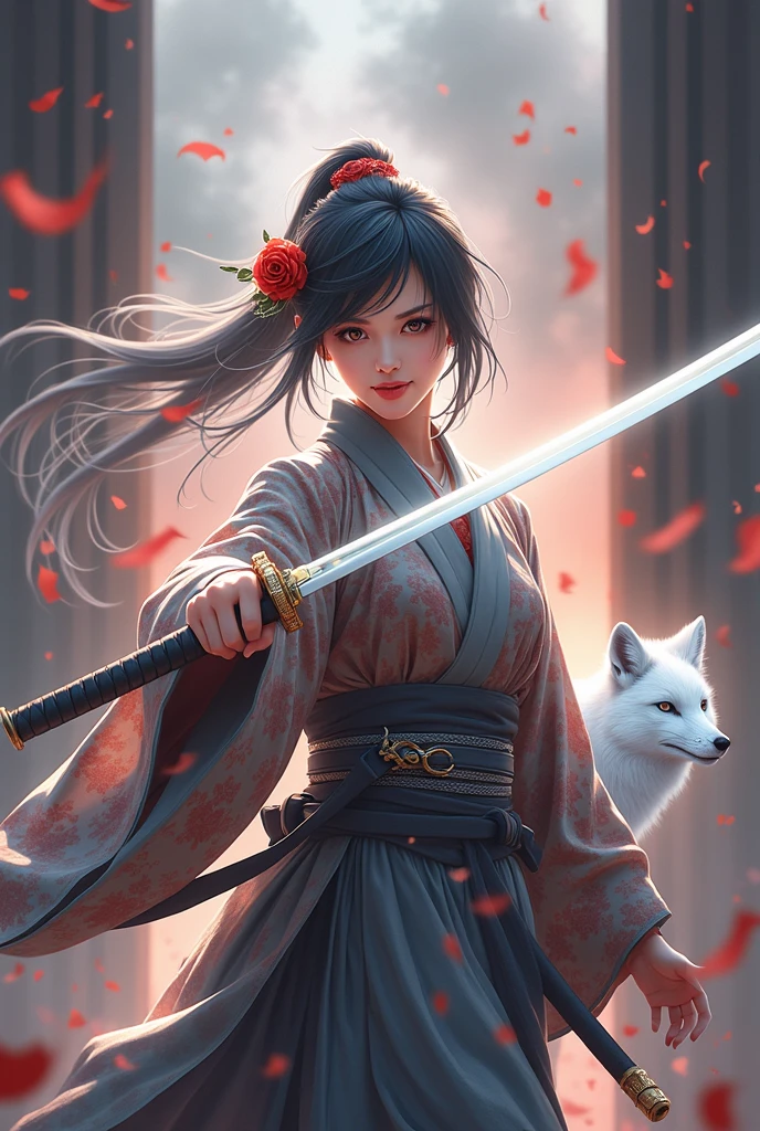 The enigmatic samurai woman (Musashi Miyamoto) wielding a long Japanese sword, Splitting with each powerful slash、Enveloped in the mist that obscures vision, Revealing a vivid and otherworldly scene, The clarity of the sword's slash against the hazy background, Mysterious Background, The white fox's sharp gaze met the viewer's., A layer of ethereal mist shrouding the foreground, Piercing, clear eyes, An exquisite and detailed kimono, Dramatic lighting and colors