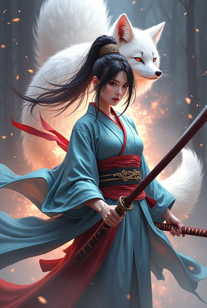 The enigmatic samurai woman (Musashi Miyamoto) wielding a long Japanese sword, Splitting with each powerful slash、Enveloped in the mist that obscures vision, Revealing a vivid and otherworldly scene, The clarity of the sword's slash against the hazy background, Mysterious Background, The white fox's sharp gaze met the viewer's., A layer of ethereal mist shrouding the foreground, Piercing, clear eyes, An exquisite and detailed kimono, Dramatic lighting and colors