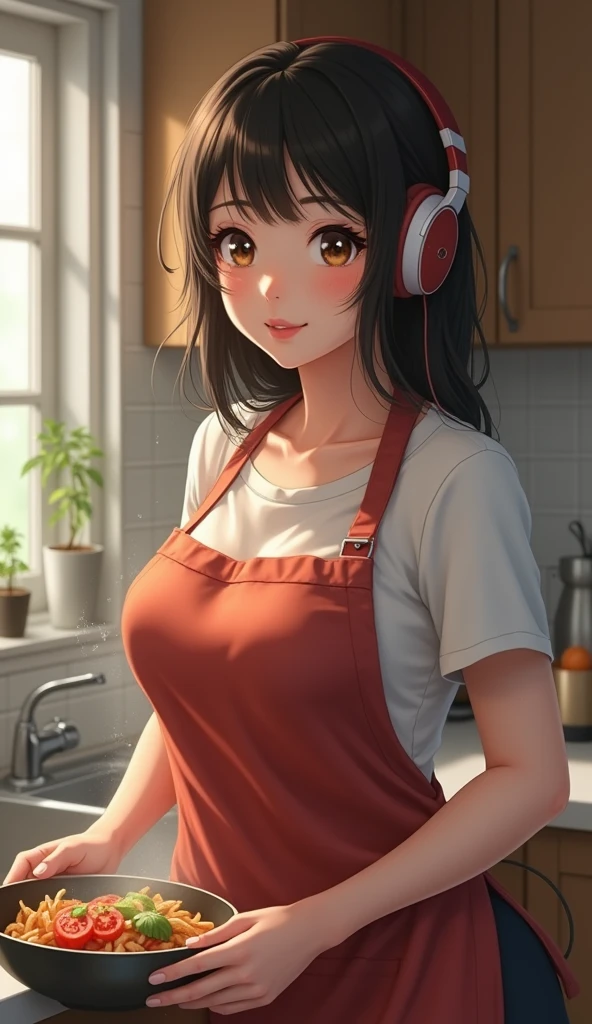 (((Highest quality)), ((masterpiece)), (detailed), One person, sexy、アイドルの可愛さのmasterpiece！A 30-year-old housewife、She is standing in the kitchen wearing headphones and an apron and cooking.。Dynamic lighting frames her round face.、Accentuates narrow eyes and perfect facial features。Adult Shortcuts、The camera zooms in on her plump cheeks and large breasts.、Accentuate ample cleavage。A very short apron hugged her thighs.、The prone angle captures her best smile、Showing off realistic body and fine details。The subject is kneeling loosely with both arms wrapped around his chest.、Naturally attractive even without makeup、It&#39;s an elaborate and professional piece of work.。BBW、Japanese Girls、Real Photography、Full of sex appeal、accumulation of water in the chest