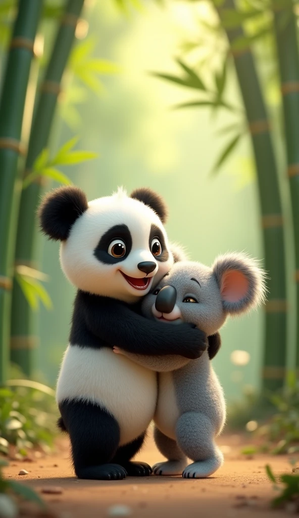 Cartoon anime 3D characters of The little panda and the koala give each other a warm hug, both smiling happily. The background shows a mix of bamboo and eucalyptus trees, symbolizing their friendship.