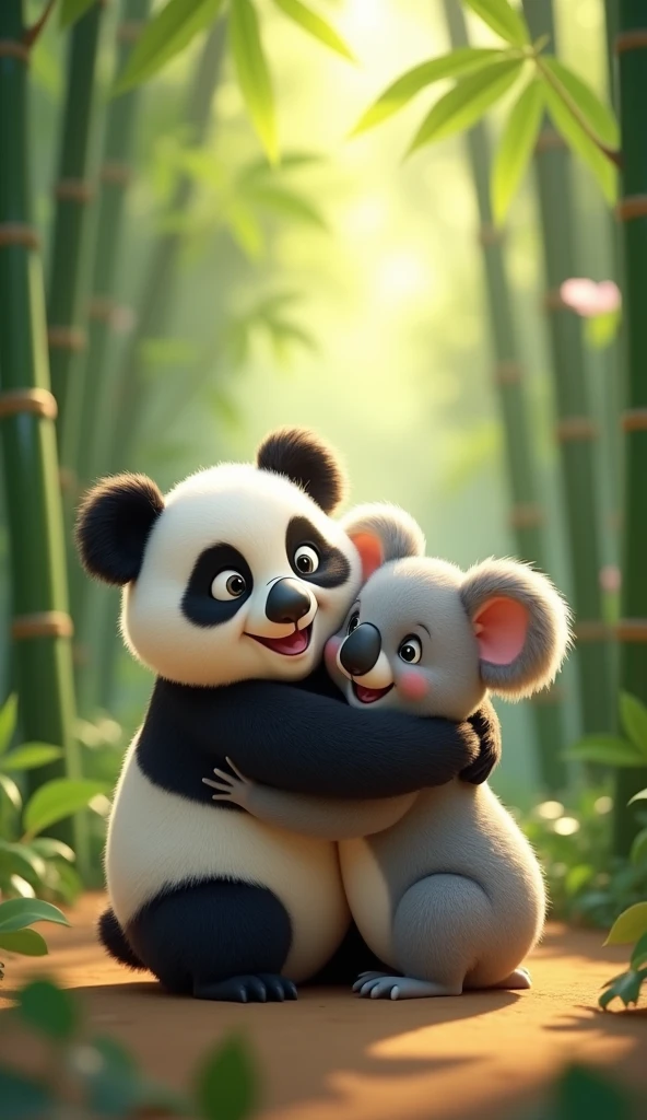 Cartoon anime 3D characters of The little panda and the koala give each other a warm hug, both smiling happily. The background shows a mix of bamboo and eucalyptus trees, symbolizing their friendship.
